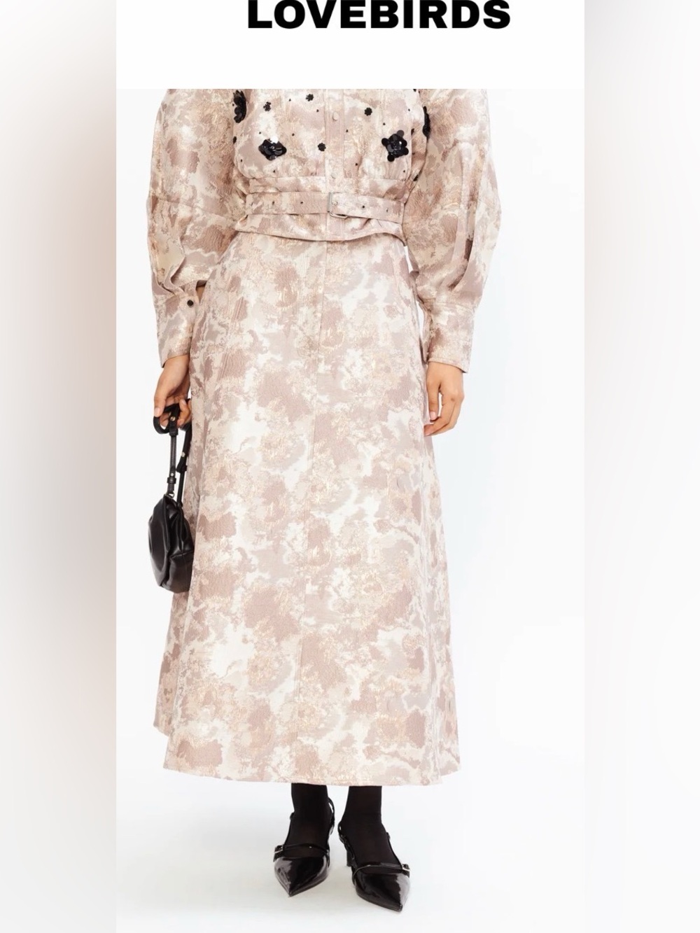 NWT Lovebirds Classic Daisy Skirt Rose Gold Silk Brocade A-Line Midi Size S